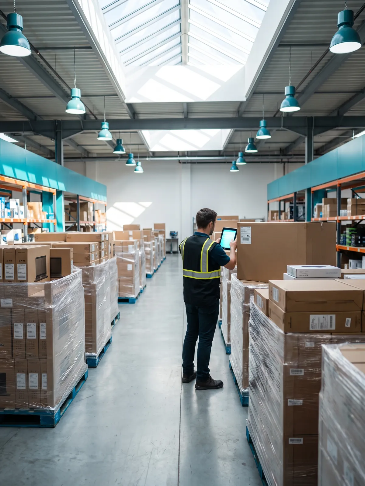 Pallets of boxed laptops and network equipment in a technology warehouse