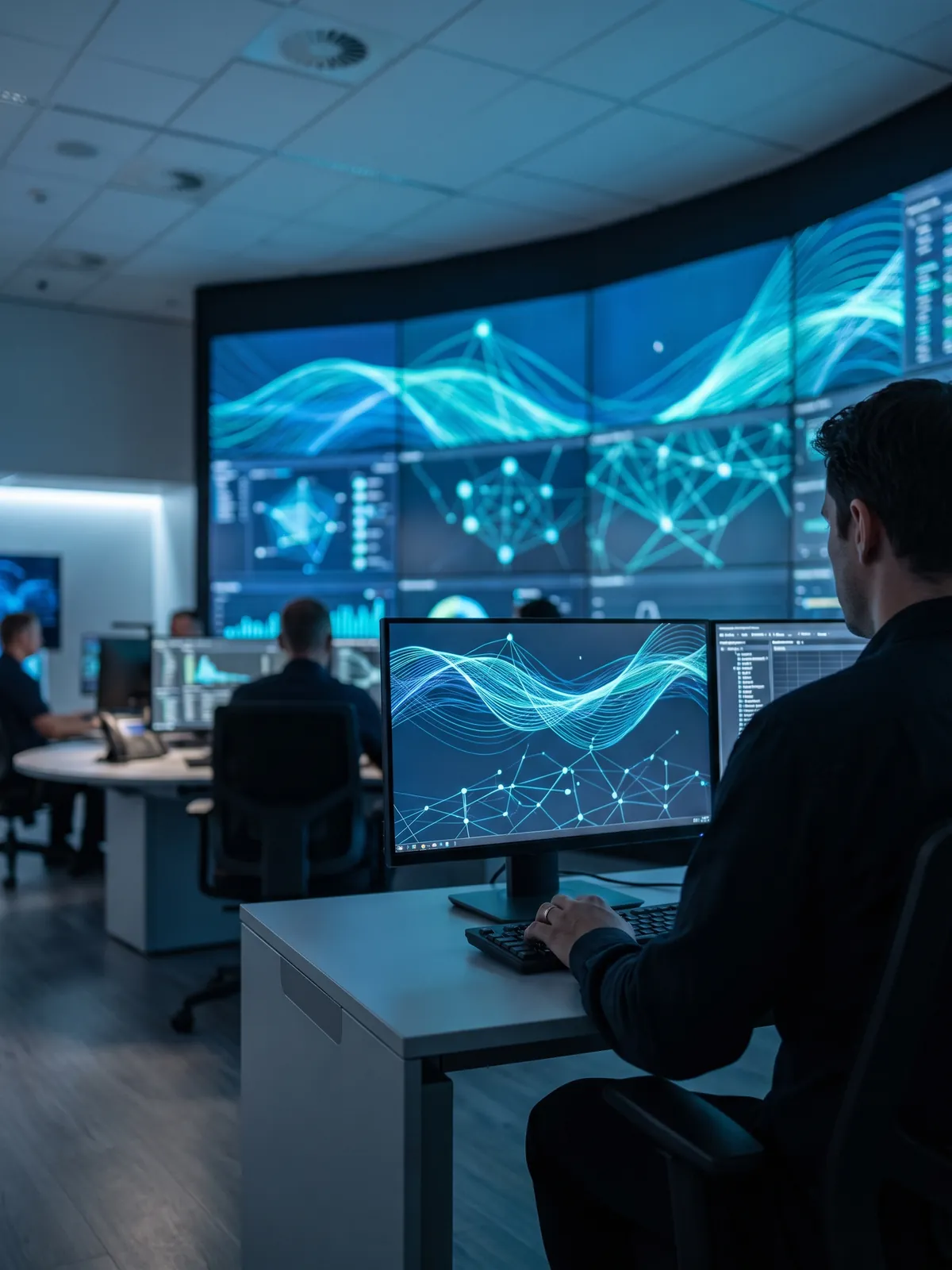 A security operations center with a wall of monitors showing network maps