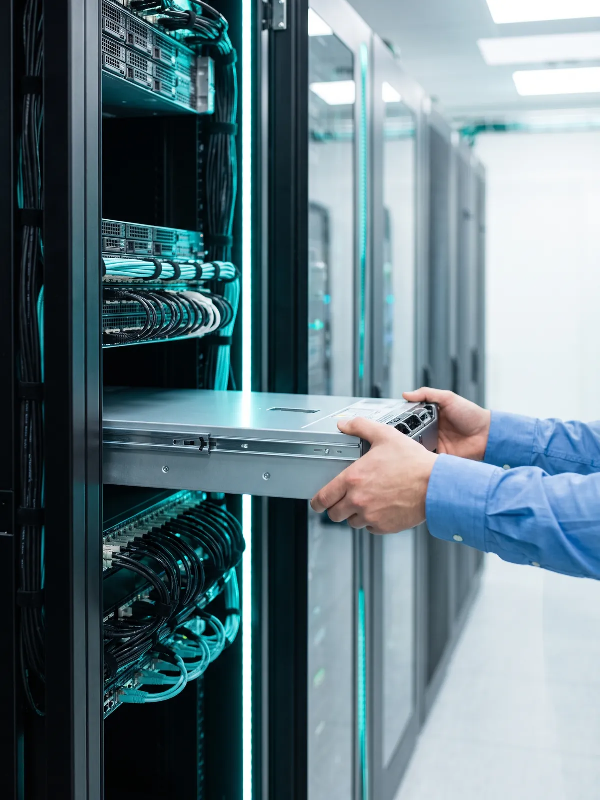A technician sliding a new server into a rack in a modern data center
