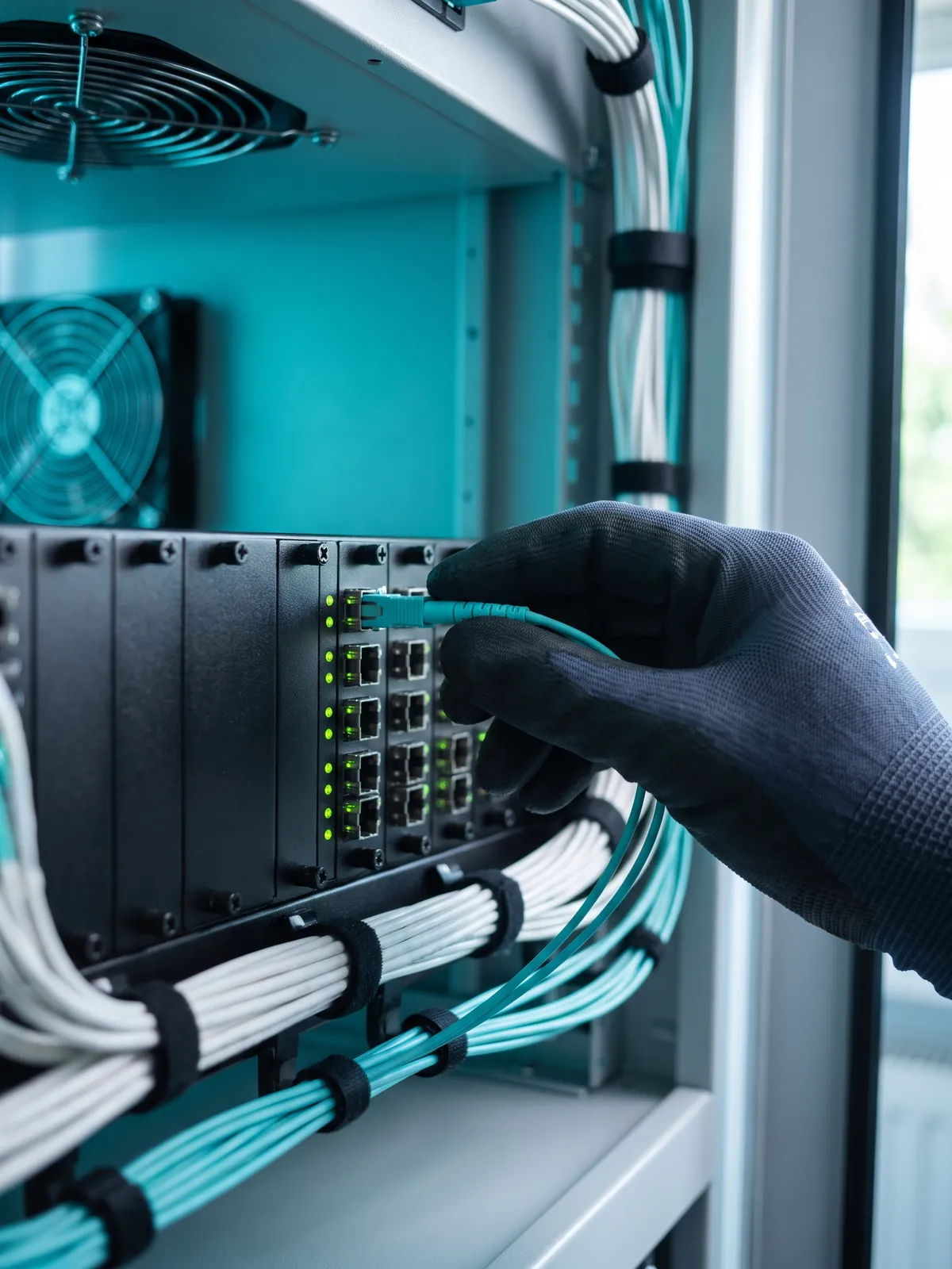 A technician plugging a fiber cable into a network patch panel