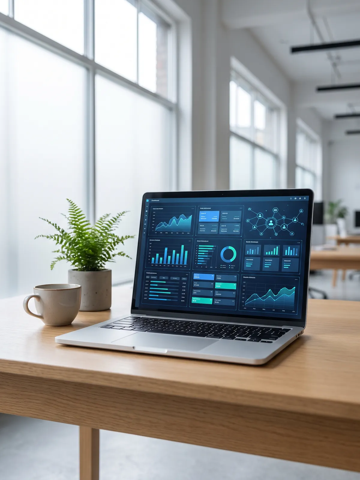 A laptop showing a software licence and asset management dashboard in a bright office